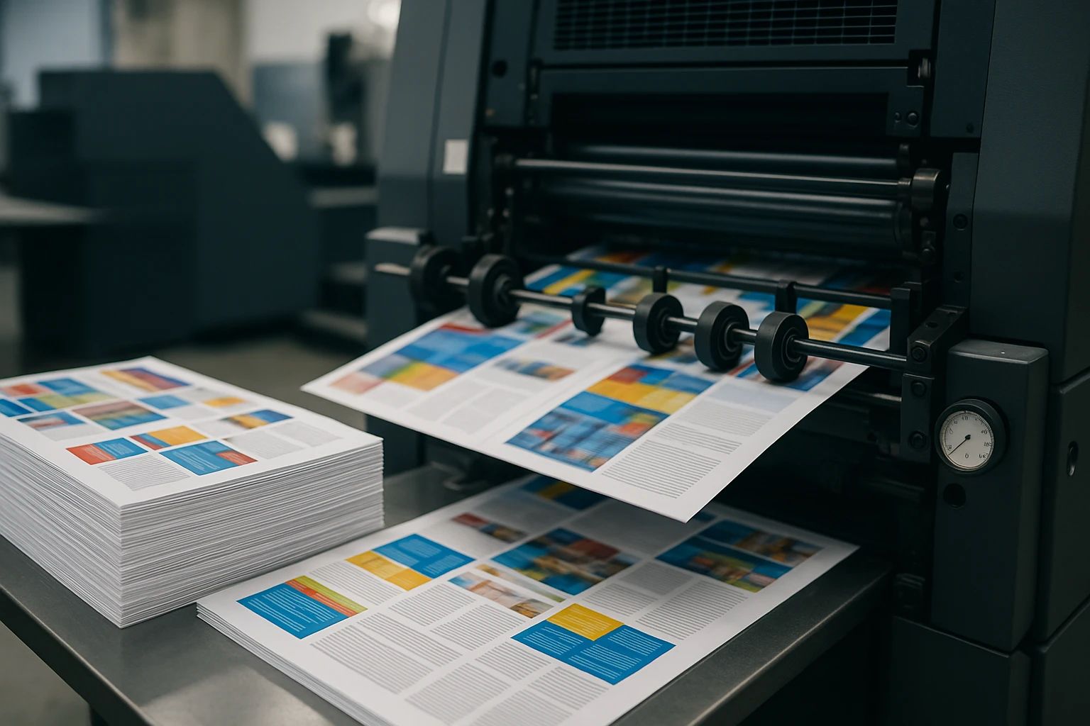Printed colour sheets coming off a press