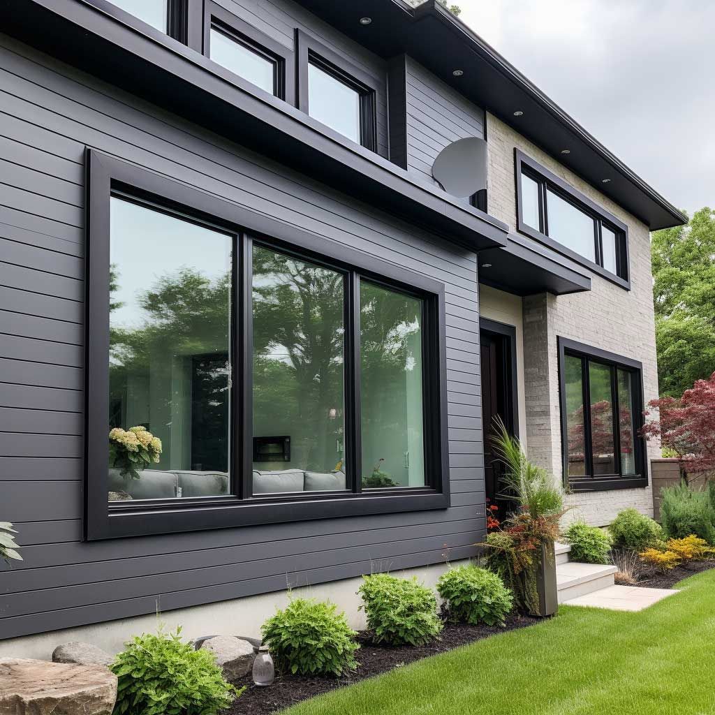 Large dark grey windows on a dark clad house